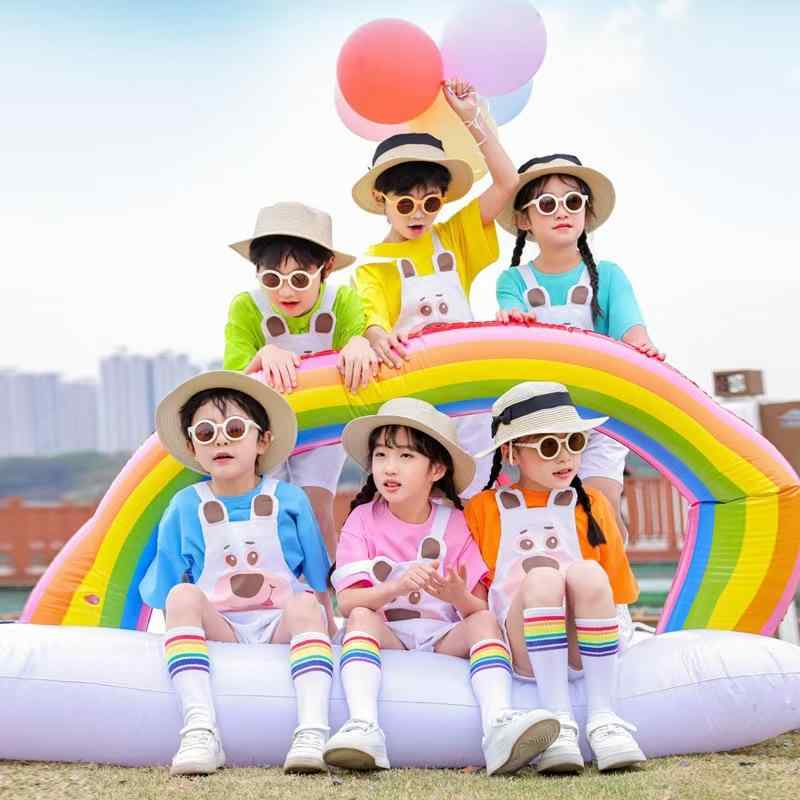 ダンス衣装 男の子 女の子 子供 サスペンダーパンツ セット 半袖 トップス 綿 素材 ベア プリント 靴下 オールシーズン ピンク 緑 青 かわいい 運動 スタイル 練習用 幼稚園 卒業 演出