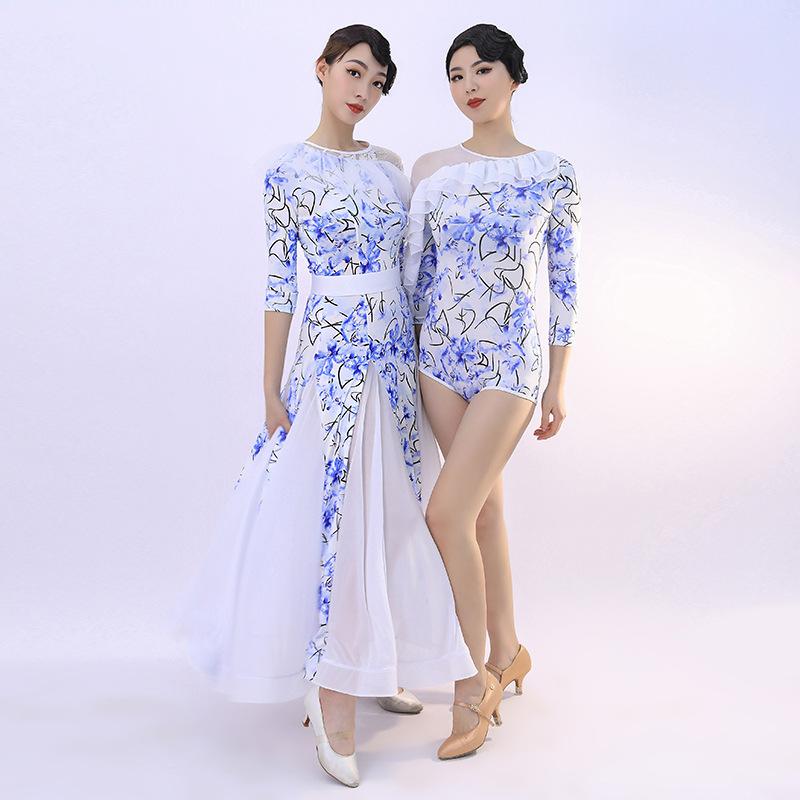 ダンスドレス レディース スタンダード 社交ダンス 練習着 爽やか 小花柄 フラワープリント モダン エレガント ファンタジー 欧米風 再生繊維 シフォン 綿混 秋 ロイヤルブルー|おうち健康生活