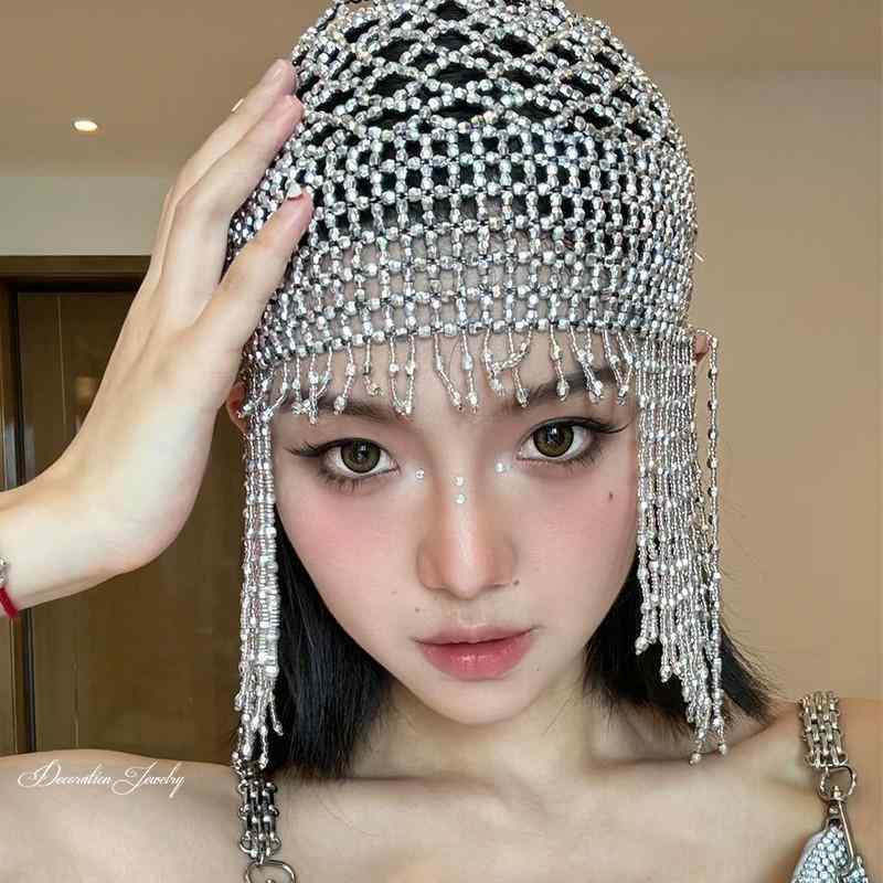 ヘッドアクセサリー レディース ウェディング タッセル ビーズ シルバー 白水晶 電気メッキ加工 ポリエステル 欧米風 派手 ステージ ランウェイ エスニック 高級感