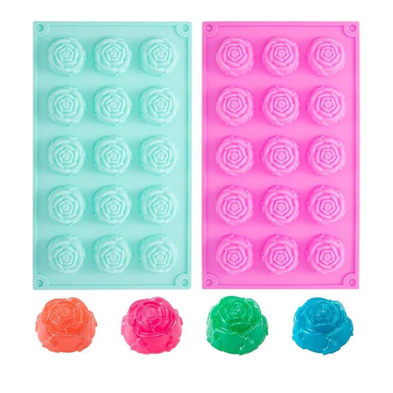 ケイ素樹脂型 薔薇の花 15連 西洋菓子 クリーム プッディング ジェリィ 石ケン DIY モールド 分かりやすい 今めかしい 青 サクラ色 エメラルド