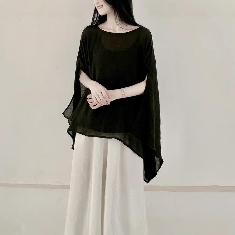 シャツ 春夏 オフショルダー UVカット 接触冷感 シフォン 再生繊維 7分袖 ラウンドネック 切り替え ルーズ 無地 レトロ 白 灰 黒
