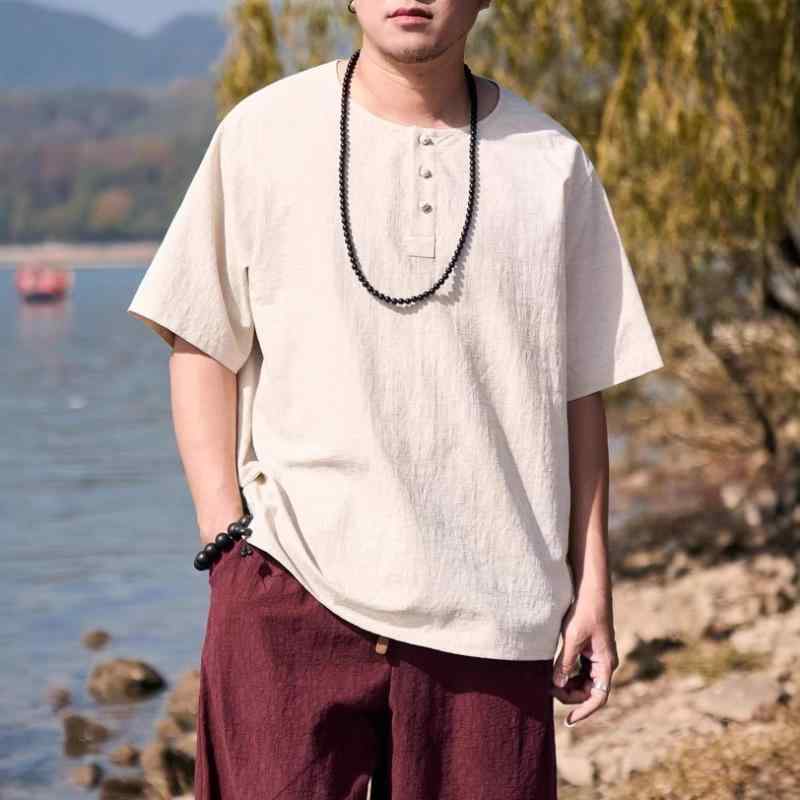 Tシャツ メンズ 夏 半袖 綿麻 ゆったり 無地 オフホワイト カジュアル スポーツ ぽっちゃり 普段使い 大きいサイズ ラウンドネック ベーシック コットン ルーズ