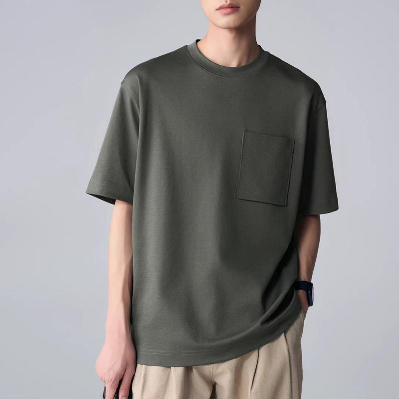 Tシャツ メンズ ベーシック 半袖 無地 ゆったり ポケット 冷感 コットン 混紡 通気性 吸湿速乾 ストレート クルーネック 普段使い オールシーズン ネイビー 白 グレー