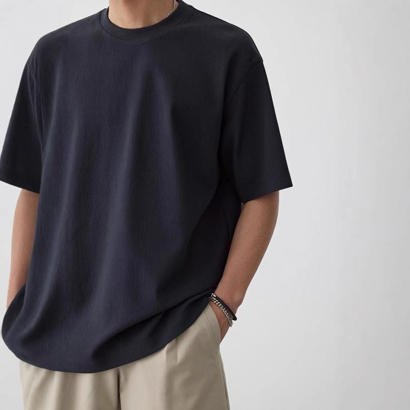 Tシャツ メンズ 夏 半袖 クルーネック ルーズフィット コットン混紡 通気性 グレー 無地 メッセージプリント 高密度ニット ダブルフェイス 縦ストライプ 立体シルエット ベーシック カジュアル 普段使い
