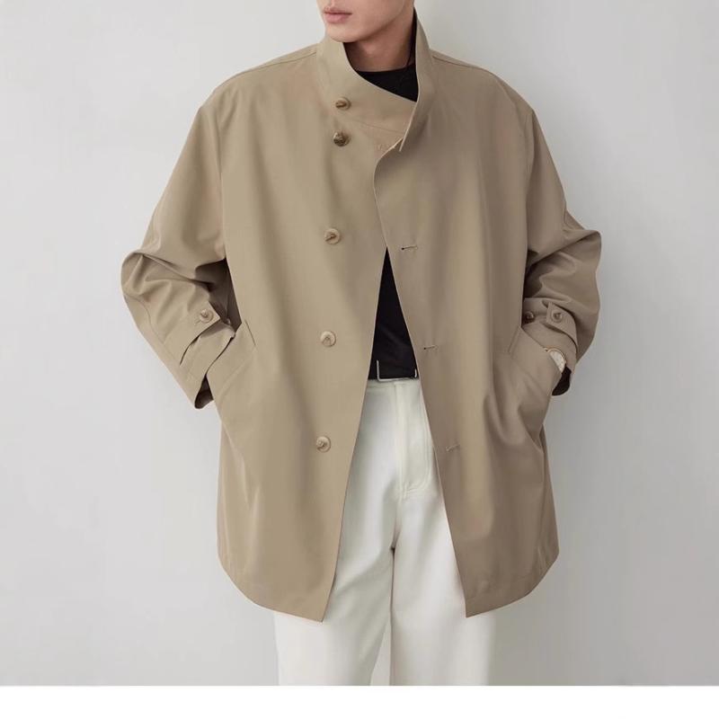 トレンチコート メンズ ビジネス レジャー 都市 通勤 ゆったり ルーズ フィット 中長丈 スタンドカラー シングルブレスト 無地 ポリエステル 裏地 冬 デザート 側ポケット ボタンディテール