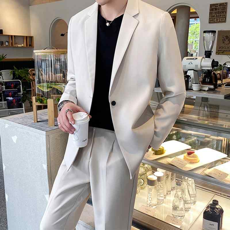 スーツ メンズ 韓国 トレンド セット 米色 黒 春秋 カジュアル 普段使い スリム ポリエステル レーヨン 混紡 落ち感 スマート シングルブレスト ワンボタン ボタン 装飾 都会的｜おうち健康生活