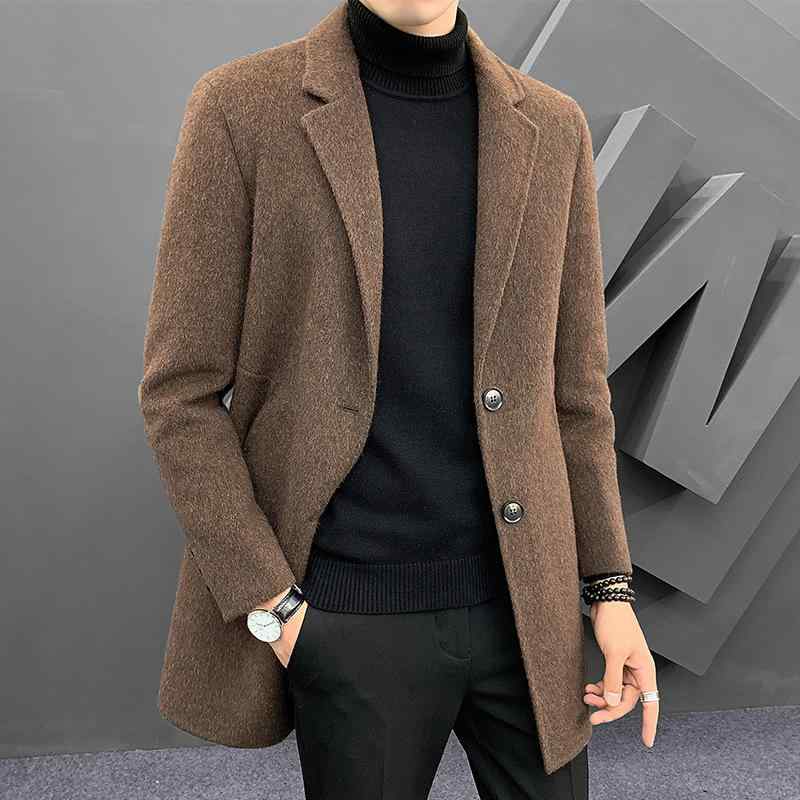 厚地の外套 メンズ 絨毛 ダブル人間の顔 真っただ中ロング 朦朦たる 秋冬 韓国表現スタイル か細い嵌まる シングル前胸部 ラペル色合い  多衣嚢 姿勢衣嚢 ストレートヘム 心地よい 黒 駱駝 米国海軍 コート・ジャケット-メンズファッション