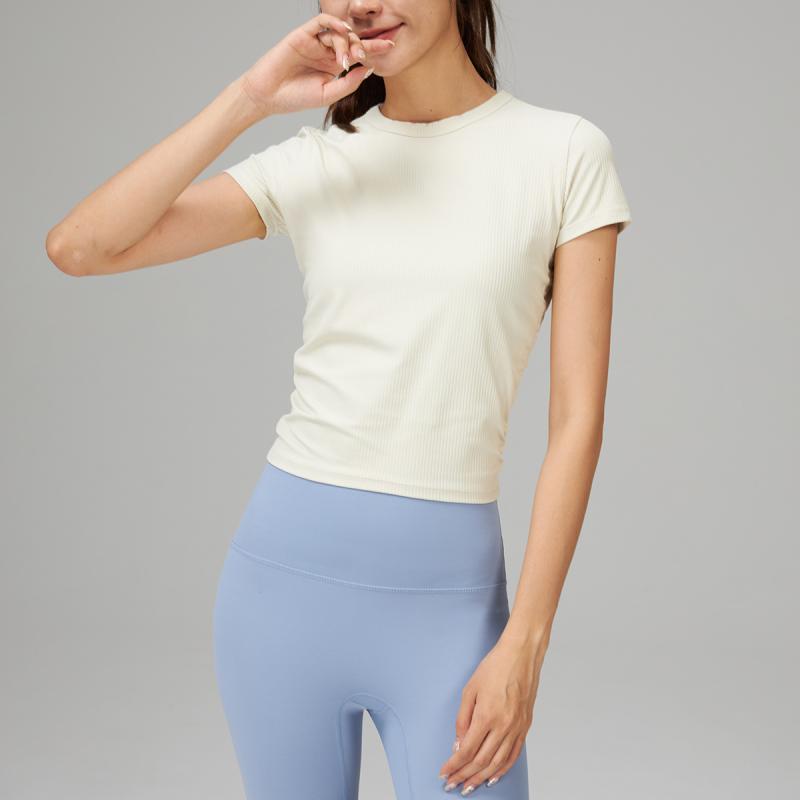 Tシャツ レディース 半袖 ヨガ フィットネス ランニング 吸湿速乾 通気性 条紋 リブ プリーツ 収腰 ナイロン スパンデックス 普段使い ?外 春夏秋 黒 白 ピンク