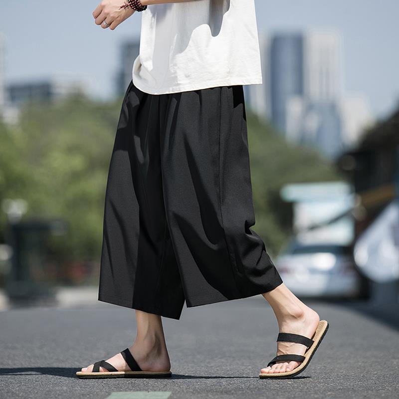 パンツ メンズ ワイドレッグ ストレート 七分丈 接触冷感 竹繊維 ストレッチ 薄手 無地 黒 春 ミッドライズ カジュアル ビーチ 普段使い 軽量 ストリート