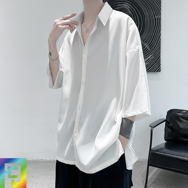 シャツ メンズ 半袖 開襟 ゆったり レトロ 接触冷感 薄手 カジュアル 大きいサイズ ノンアイロン 夏 白 黒 青