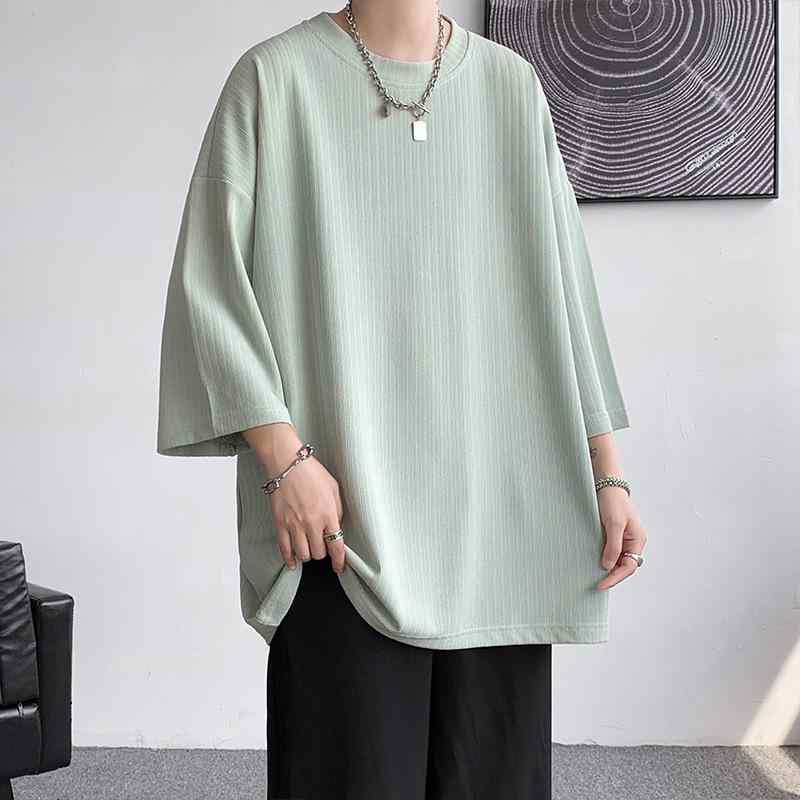 Tシャツ メンズ 半袖 接触冷感 ルーズフィット ストライプ柄 春夏 薄手 コットン混紡 ポリエステル 白 黒 グレー 普段使い ドロップショルダー クルーネック プルオーバー