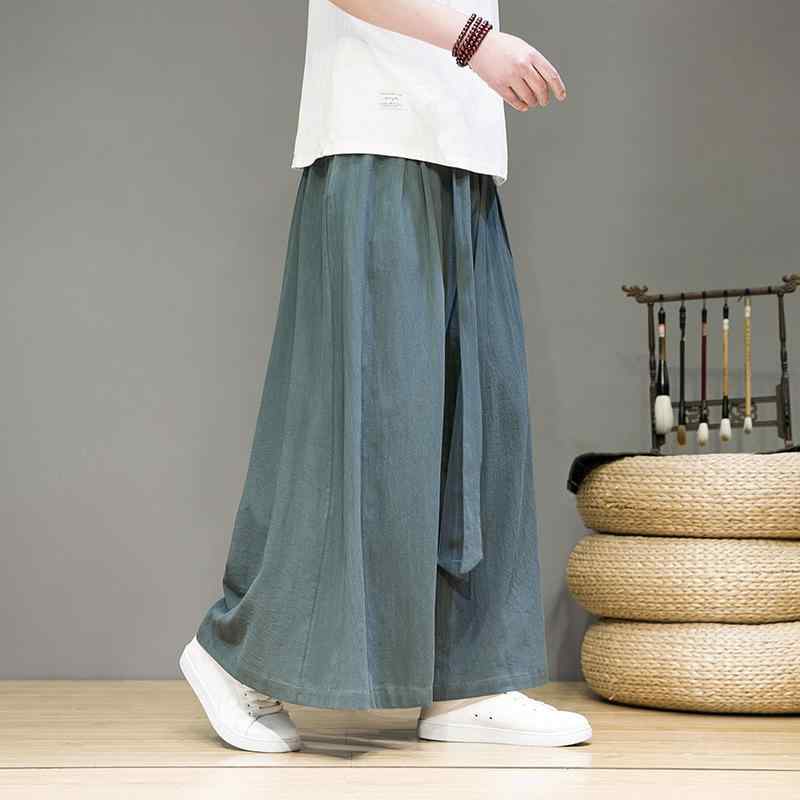 ワイドレッグパンツ メンズ 大きいサイズ カジュアル 中国風 コットンリネン ハーレムスタイル ルーズフィット ビーチウェア 夏 通気性 ポリエステル混紡 ベージュ グレー ブラック