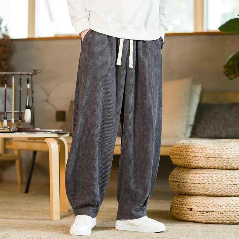 ハーレムパンツ メンズ 秋冬 中国風 無地 細ストライプ コーデュロイ 冷感 ストレート カジュアル 普段使い 合成繊維 オレンジ 黒 灰