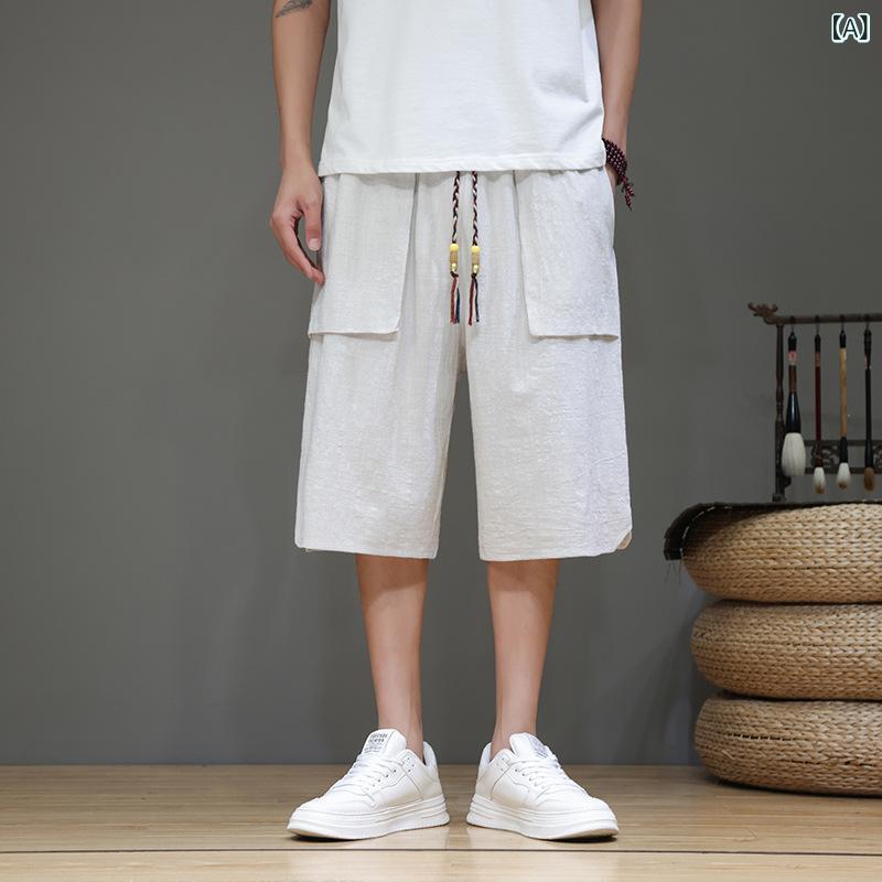 ビーチショーツ メンズ 中国風 5分丈 ハーフパンツ 立体ポケット装飾 綿麻 ストレート 夏 無地 カジュアル レジャー ビーチ 青少年 ベージュ グレー ブラック
