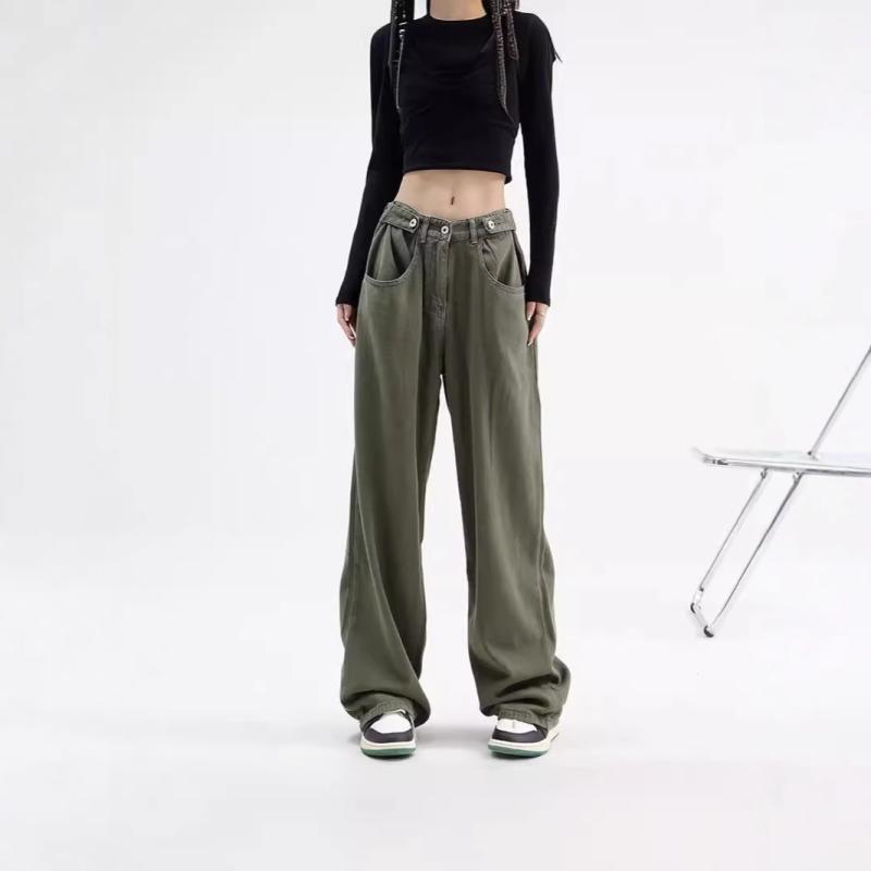 デニムパンツ メンズ レトロ ルーズ ストレート ミリタリー グリーン デニム ワークパンツ カジュアル 夏 ストレッチ ウォッシュド ミッドウエスト ブラック グレー