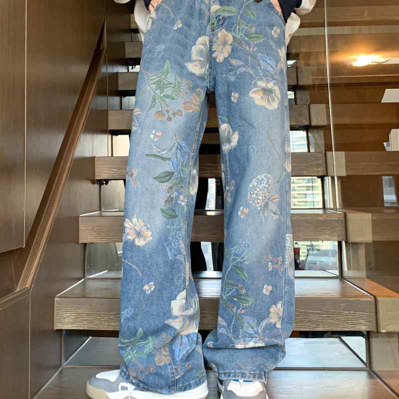 デニムパンツ メンズ ワイドレッグ ロング ブルー レトロ ストリート プリント ルーズ ミッドライズ コットン 伸縮性 ウォッシュド ジップフライ 春秋 カジュアル 普段使い ヤング