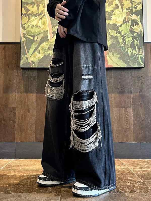 デニムパンツ メンズ 破れ レトロ アメリカンスタイル ルーズ ワイドレッグ ストレート ロング 春秋 カジュアル 普段使い コットン ウォッシュ ミッドウエスト ジップ ストレッチ ブラック ブルー