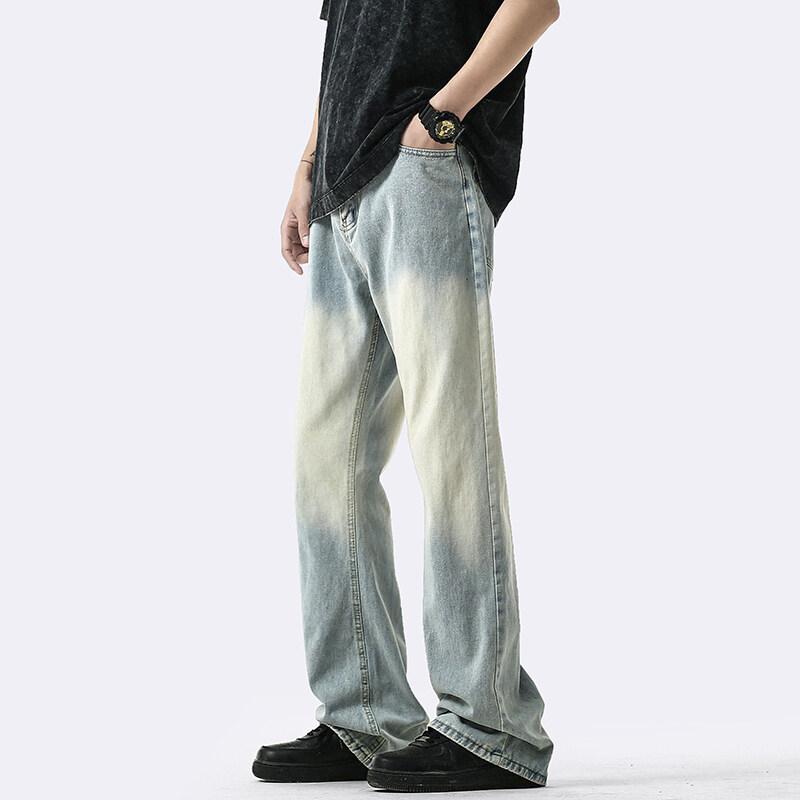 デニムパンツ メンズ 春 米国風 レトロ グラデーション ストレート ワイドレッグ カジュアル ロングパンツ コットン ポリエステル 再生繊維 ストレッチ ウォッシュ加工 ミッドライズ コントラスト グレー ブラック ライトブルー 普段使い 軽量 伸縮性