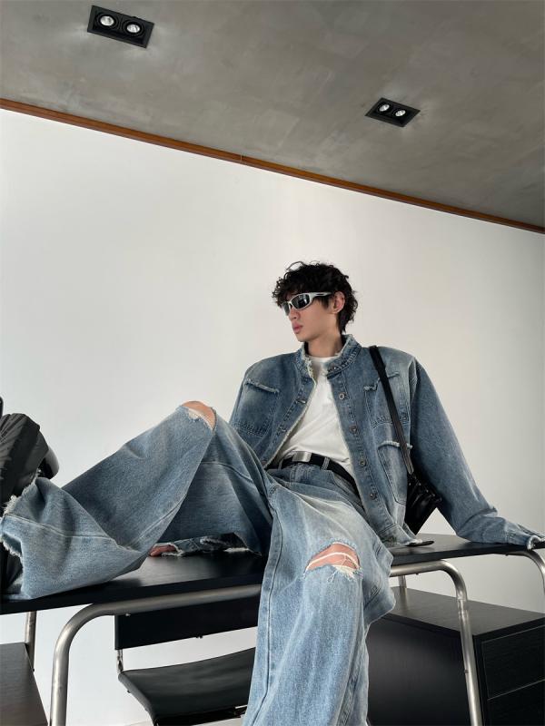 デニムパンツ メンズ ブラック ストレート ワイドレッグ フレア レトロ ロング丈 破れ加工 ウォッシュ加工 コットン ストレッチ ミッドライズ カジュアル 普段使い 春秋