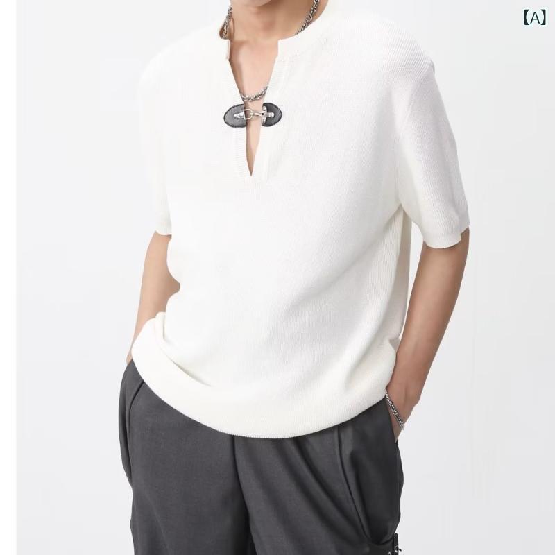 Tシャツ メンズ 半袖 Vネック ゆったり ニット 春夏 カジュアル 吸湿速乾 通気性 ポリエステル 白 ワインレッド プレッピー トップス 韓国 レトロ アカデミック 普段使い