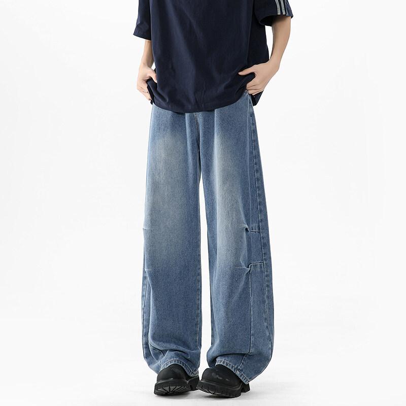 デニムパンツ メンズ ストレート ワイドレッグ ゆったり ロングパンツ 春秋 綿 ポリエステル混 ウォッシュ加工 ミッドライズ 微弾性 黒 青 青年 普段使い カジュアル