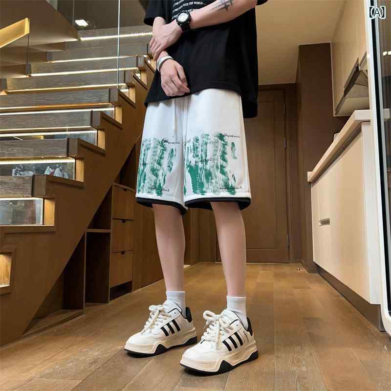 ハーフパンツ メンズ 夏 ビーチパンツ 薄手 ルーズフィット ポリエステル 通気性 微弾性 白 黒 カートゥーン柄 ストレート ドローストリング 休日使い カジュアルスタイル