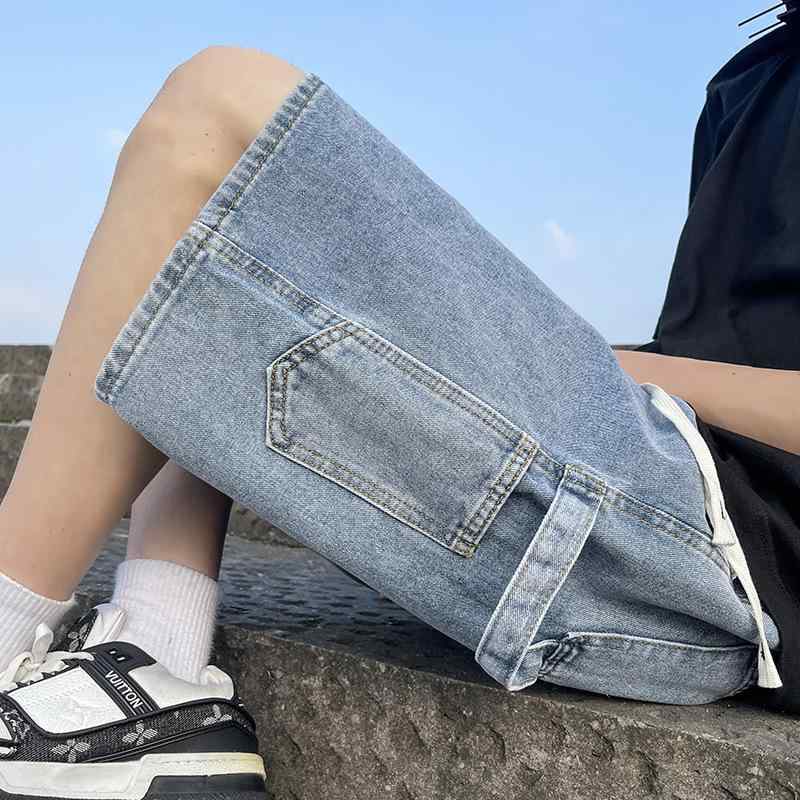 デニム ハーフパンツ メンズ 夏 薄手 ゆったり ストレート コットン ポリエステル 再生繊維 微弾性 カジュアル 普段使い ウォッシュ加工 コントラスト ノーアイロン ライトブルー デニムブルー