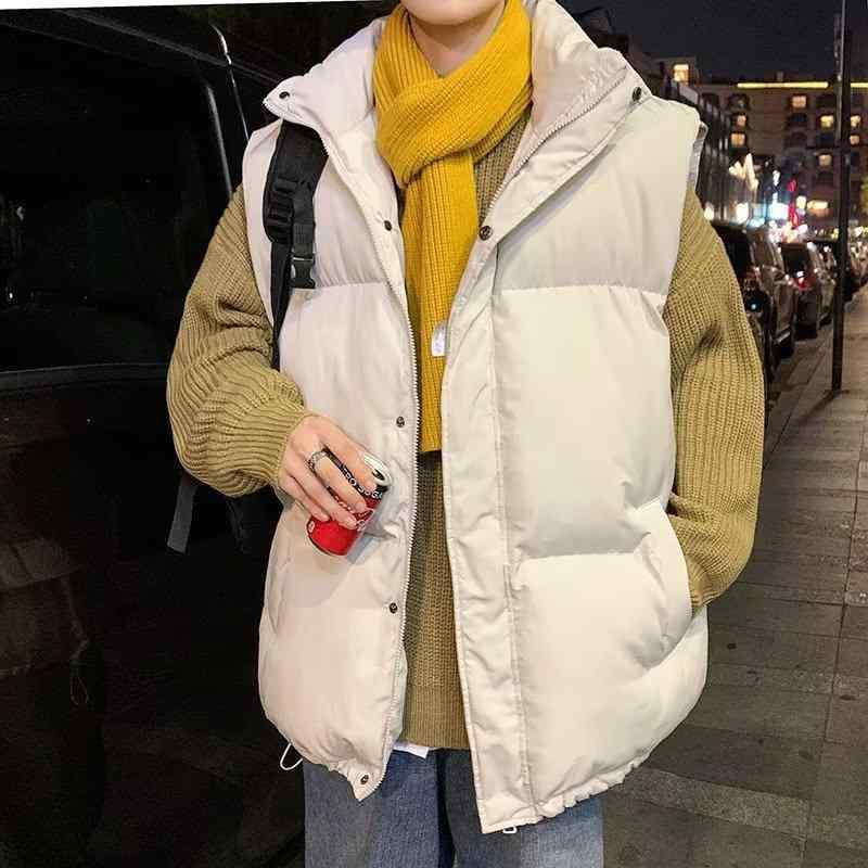 ベスト メンズ スタンドカラー 厚手暖かい アウター ポリエステル ルーズフィット ビッグシルエット 無地 サイドポケット ラウンドヘム 秋冬 カジュアル 普段使い 黒 杏
