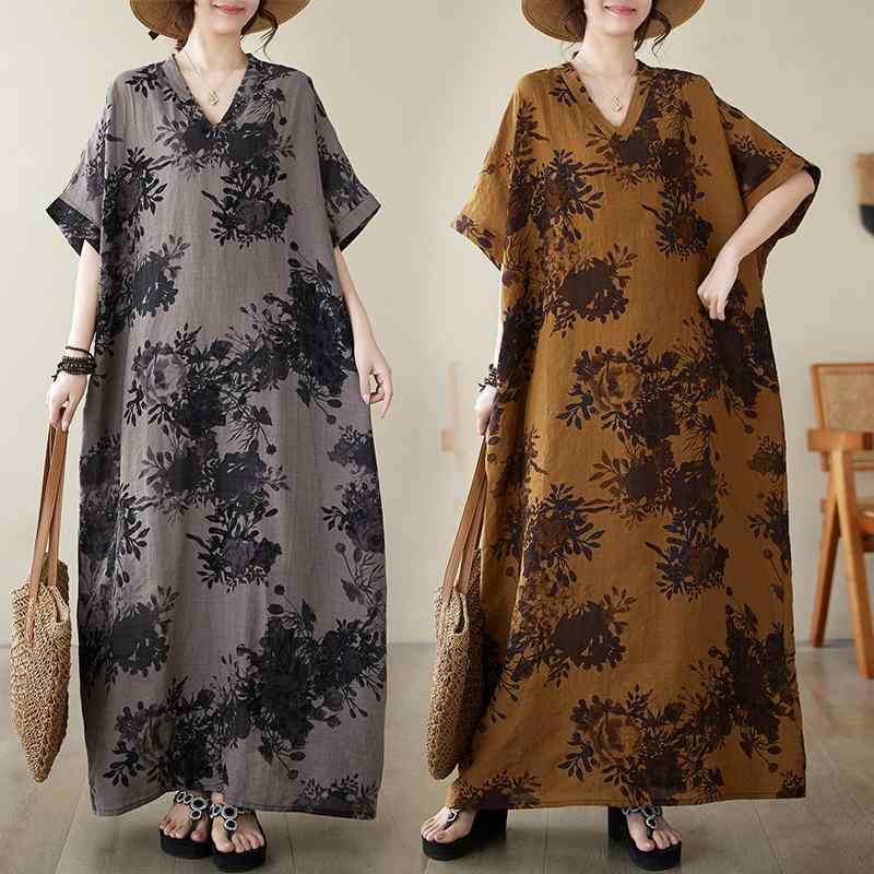 ワンピース レディース Vネック 綿麻 ロング ルーズ 大きめサイズ 花柄 夏 リゾート ビーチ 通勤 ドルマンスリーブ 超ロング袖 立体裁断 フリルスカート 黒 黄 ヴィンテージ風風 体型カバー