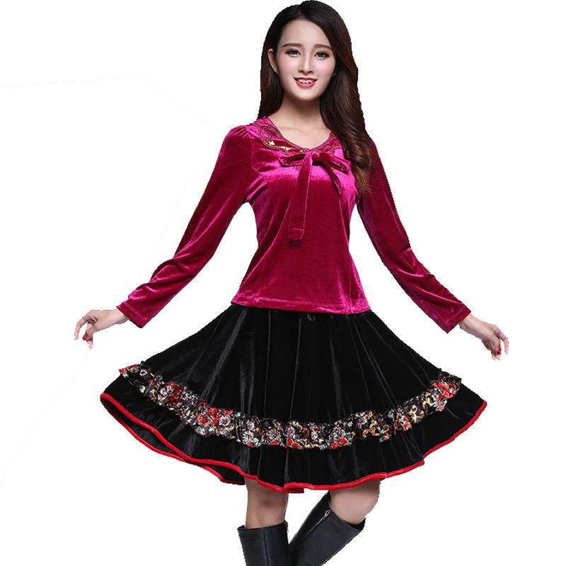 ダンス服 レディース 秋冬 長袖 セット ベルベット フラワープリント 中高年 練習着 ステージ衣装 ラテンダンス 民族舞 赤 黒 ピンク