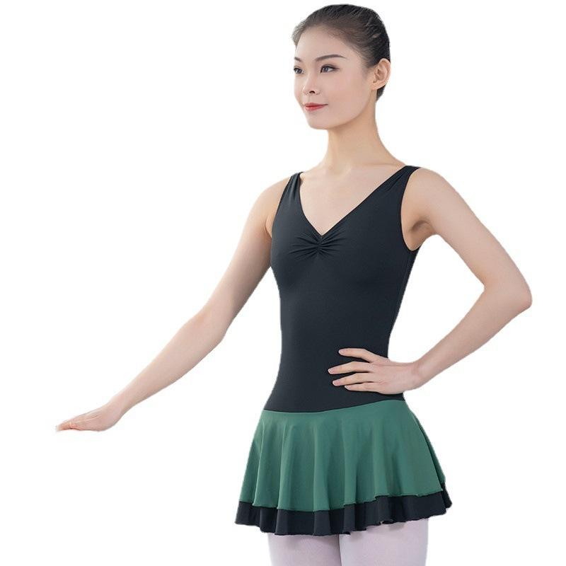 ダンス オールインワン レディース バレエ 練習着 タンクトップ 体操服 中国舞 レッスンウェア タイト フィット 夏 ステージ フィットネス ボディメイク ライクラ ナイロン 再生繊維 黒 墨緑