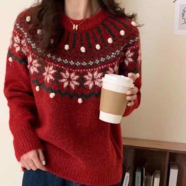 ニット レディース レトロ ジャカード クリスマス 新年 柄 赤 オフホワイト プルオーバー ルーズ 秋冬 厚手 ソフト 長袖 丸首 セーター ビスコース ストリート