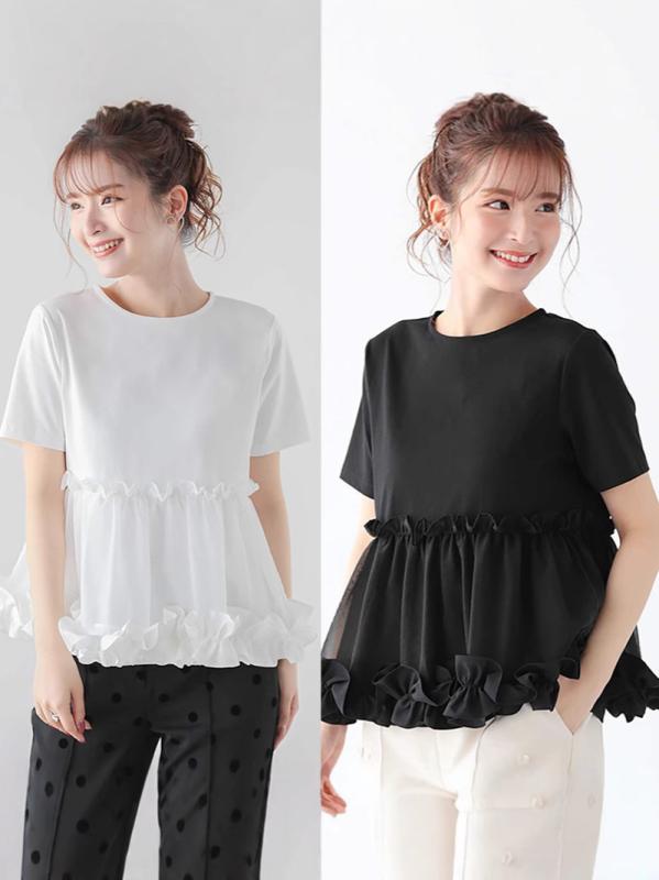 Tシャツ レディース 半袖 コットン ポリエステル 混紡 高級感 レース フリル メッシュ 切り替え ロング丈 クルーネック 無地 スタンダード 白 黒 春 通勤 オフィス カジュアル トップス