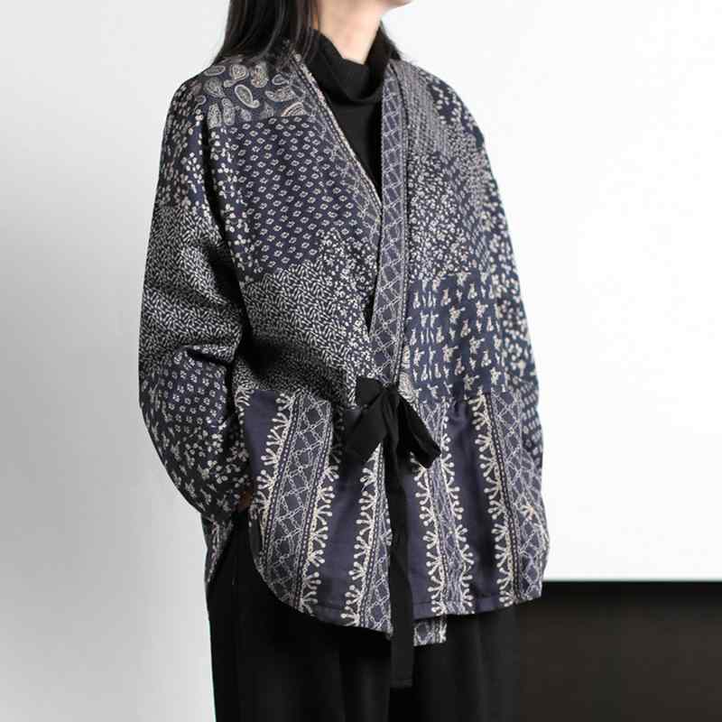 カーディガン レディース 秋冬 エスニック ヴィンテージ風 花柄 二重 厚手 綿麻 ゆったり 長袖 Vネック 紐 切り替え アウター トップス ボヘミアン 暖か 普段使い 軽量 伸縮性