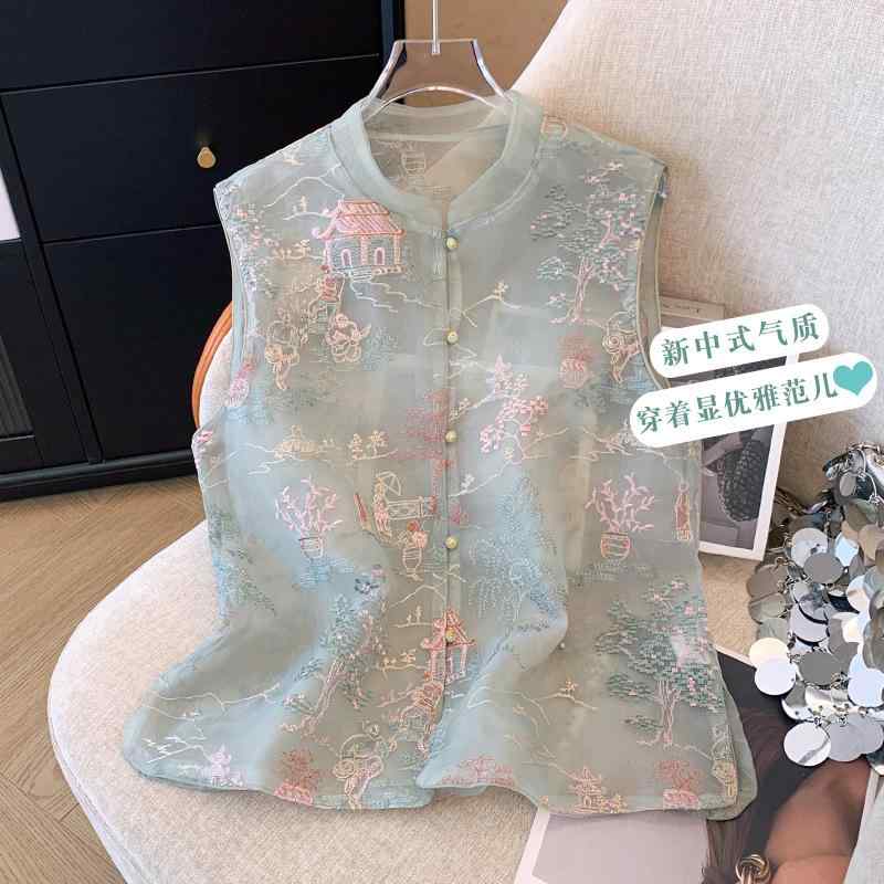 ベスト レディース 刺繍 立領 ノースリーブ 緑 花柄 植物 ヴィンテージ風 中国風 夏 コットン ポリエステル 混 ミディアム丈 シングルボタン ストレート レイヤード アウター トップス