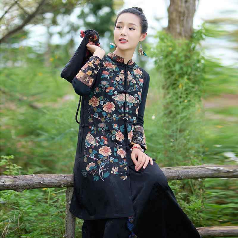 限りない レディース エスニック 刺しゅう 中長丈 レトロ 花柄 提花 繻子 黒 ライオセル 混紡 照明ランプ色つや シングル前胸部 春 ボヘミアン アウター 普段使い