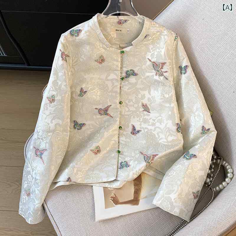 カーディガン レディース 中国風 唐装 盤扣 提花 長袖 織錦 刺繍 レトロ 植物花柄 立領 中厚 ポリエステル 春 ミディアム丈 スタンダードシルエット 単品 文学的レトロ トップス ジャケット ブラウス 開き 上着 外套 版 金糸織り 花卉パターン