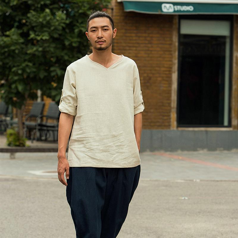 長袖Tシャツ メンズ Vネック ルーズ 無地 ラミー コットン ポケット カジュアル プルオーバー オールシーズン ベージュ アイボリー 普段使い ストレート袖 青年