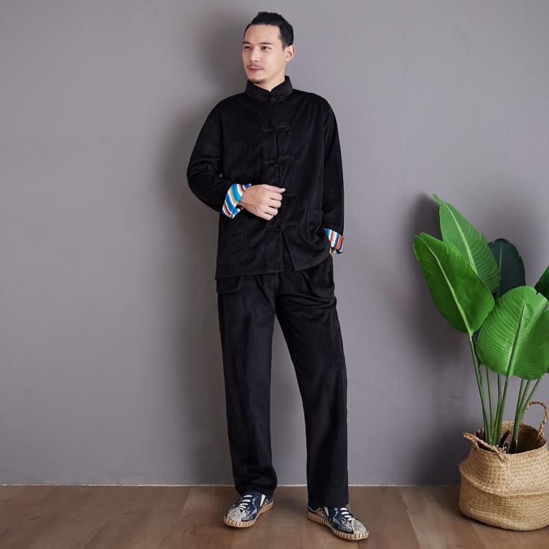 漢服 メンズ コーデュロイ 秋 セットアップ カジュアル スタンドカラー フロッグボタン 無地 長袖 ロングパンツ コットン 普段使い 黒 青 ピンク