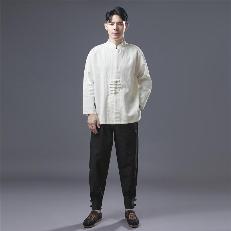 漢服 メンズ 唐装 小立襟 ラグランスリーブ チャイナボタン 隠しボタン シンプル 上品 綿麻素材 花柄 プリント 秋 カジュアル 普段使い 青年 アーバン スタイル 白 黒 紺