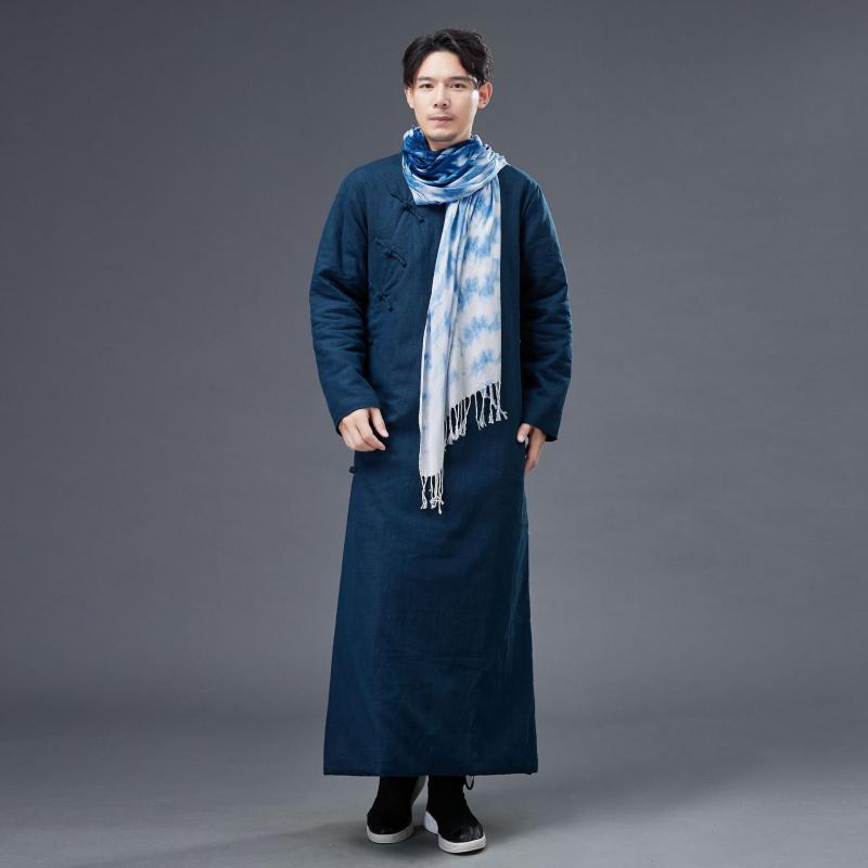 チャイナコート メンズ 秋冬 長袖 ロング丈 綿入れ 暖か コットン ラミー スタンドカラー シングルブレスト オーバーサイズ 厚手 無地 青 灰 ボタン ストレート 普段使い おしゃれ 7,182円
