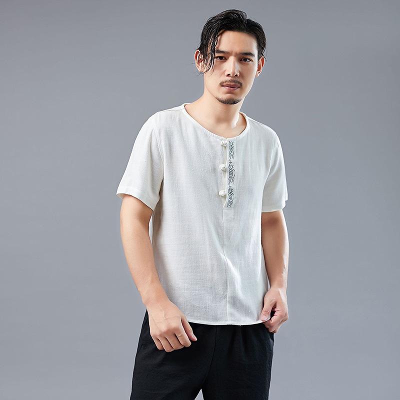 Tシャツ メンズ 中国風 半袖 トップス 綿麻 刺繍 小花柄 クルーネック 無地 スリムフィット 春夏 カジュアル アーバン 普段使い 白 ベージュ