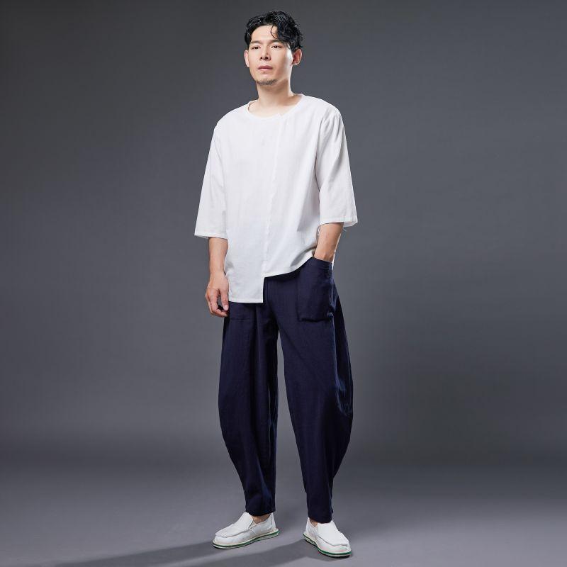 Tシャツ メンズ 綿麻 丸首 ゆったり アシンメトリー 裾 ストレート袖 薄手 軽量 夏 半袖 プルオーバー エスニック レトロ 無地 カジュアル 普段使い ファッション 白 米緑