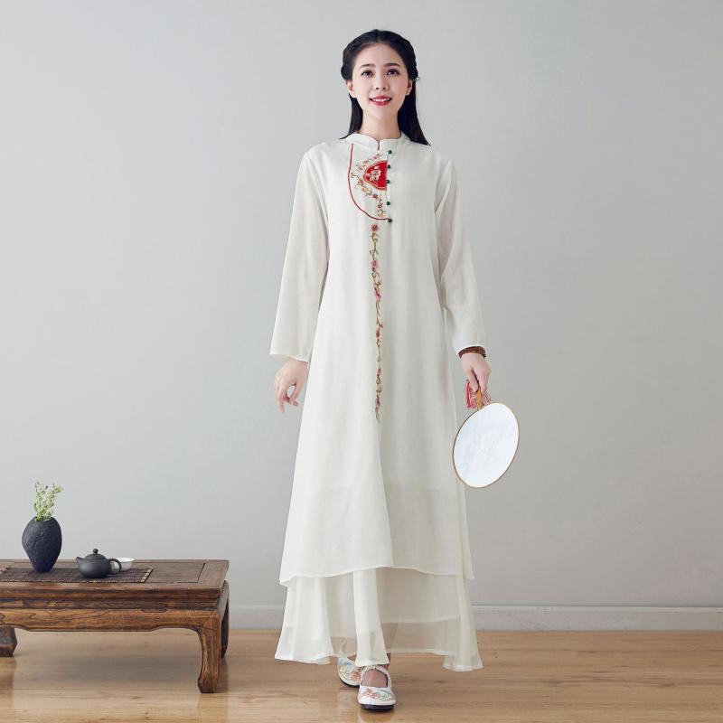 ワンピース レディース 漢服風 刺繍 Aライン 長袖 スタンドカラー ミドル丈 ゆったり腰 シフォン 白 孔雀ブルー 春 レトロ 中国風 文学的 ドレス スカート 基本款 単品 フリーサイズ 4,975円