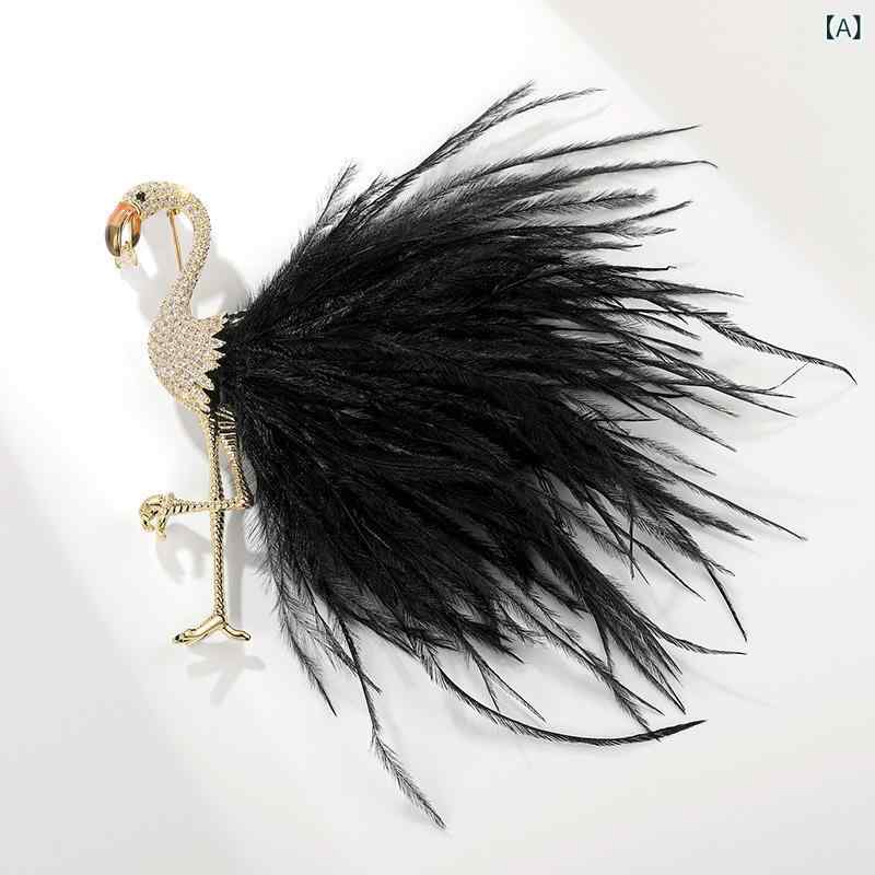 ブローチ メンズ レディース フラミンゴ 羽 ジルコニア 動物 モチーフ 高級感 スーツ アクセサリー 胸花 電気メッキ加工 ゴールド ブラック ピンク ファッション OL 冬 装飾 個性派