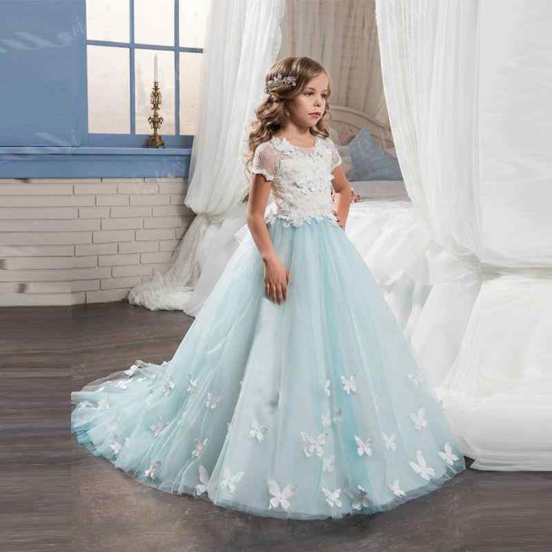 ドレス 女の子 フラワーガール レース プリンセス トレーン リボン プリーツ ポリエステル ブルー ホワイト ピンク かわいい 結婚式 パーティー