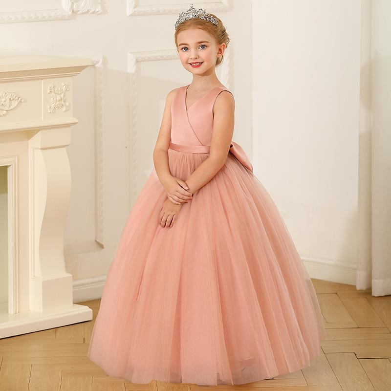 ドレス 女の子 プリンセス ノースリーブ フレア ロング ワンピース かわいい 蝶結び サテン チュール ピンク アイボリー ネイビー パーティー 誕生日 演出 子供用 軽やか ふんわり シルエット