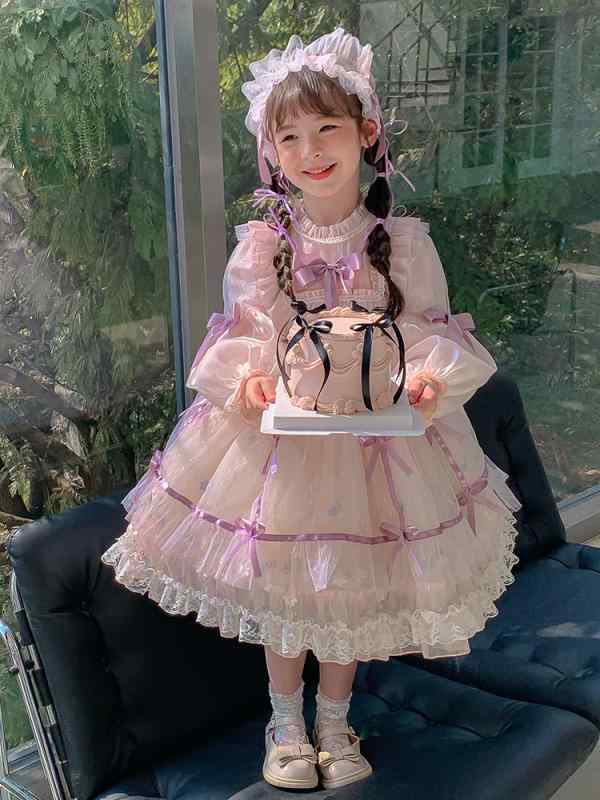 プリンセスドレス 女の子 ロリータ風 春 花柄 チュールスカート かわいい 甘め ポリエステル 柔らかい コットン裏地 紫ピンク