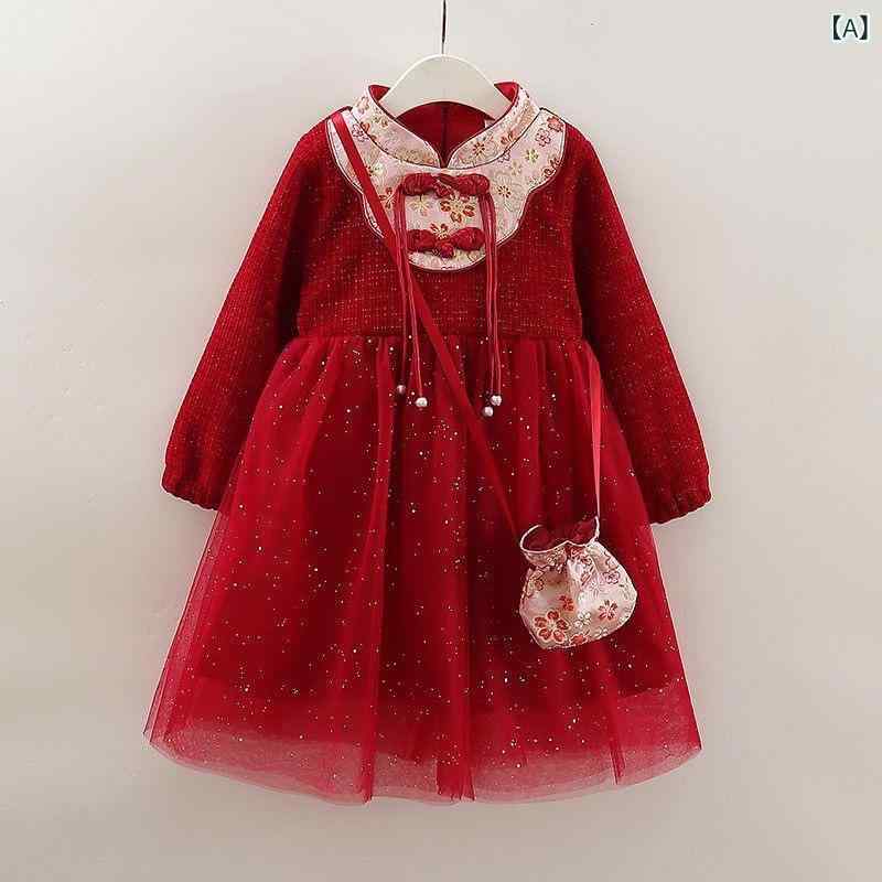 ワンピース 女の子 漢服風 チャイナドレス 秋冬 長袖 プリンセススカート 厚手裏地 ポリエステル 赤 ピンク お正月 レトロ 柔らかい 子供用