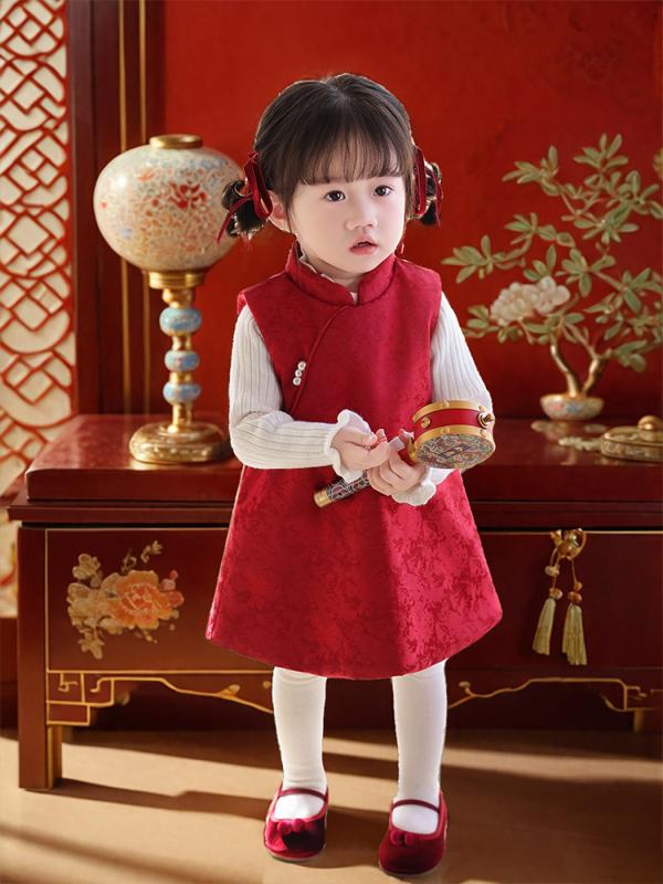 チャイナドレス 女の子 背心ワンピース 赤 ネイビー 秋冬 A字型 レトロ ポリエステル サテン 暖か 無地 お祝い 新年中式 普段使い かわいい キッズ 幼児 1歳 2歳 3歳